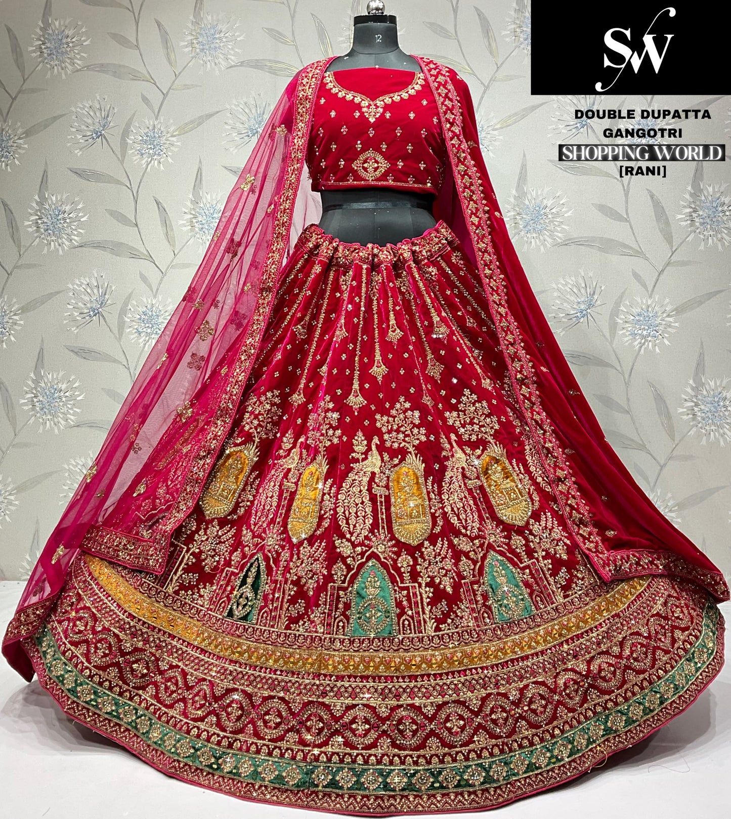 Rani pink Peacock Double Dupatta Bridal Lehenga