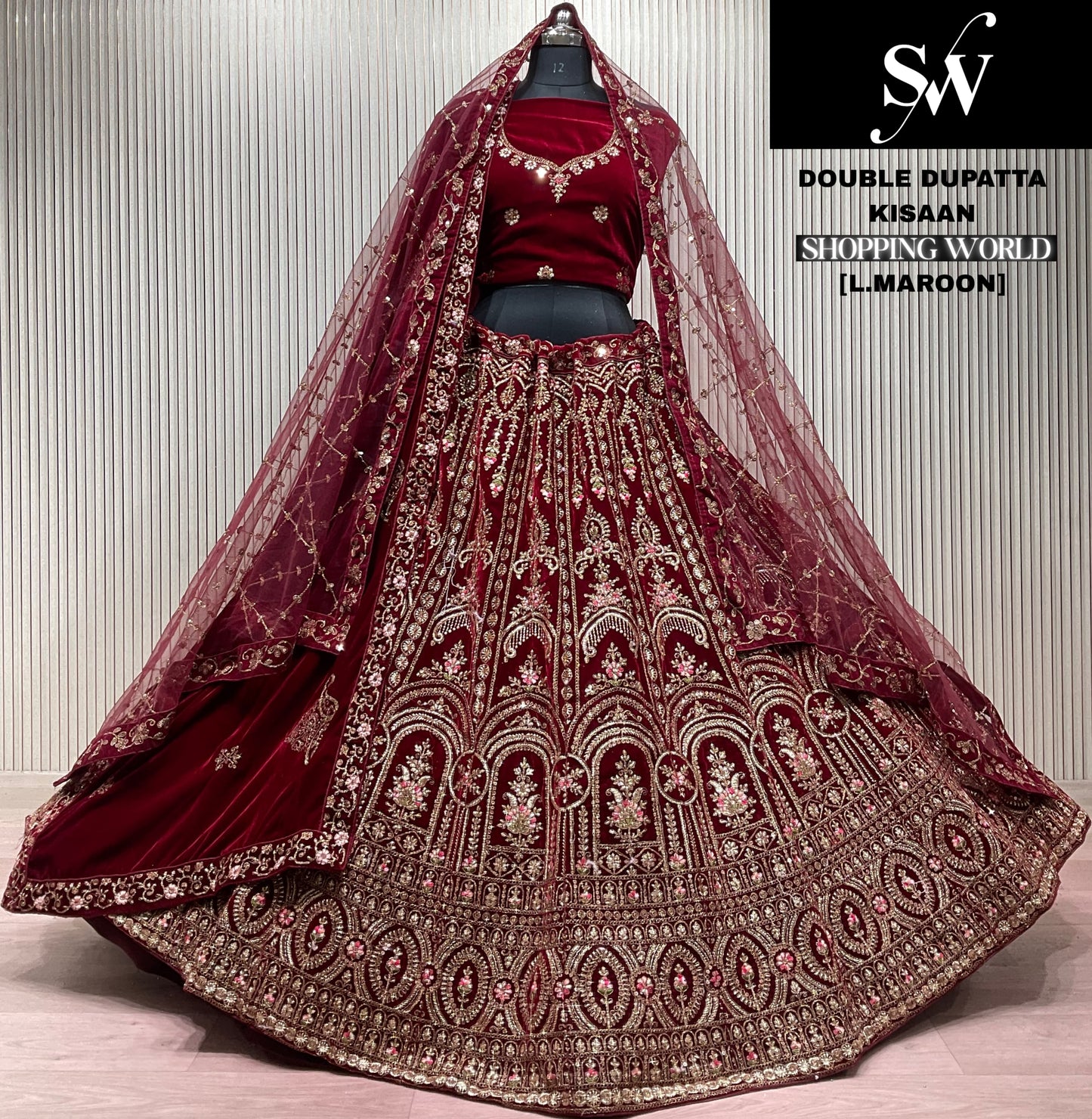Dark Maroon Double Dupatta Bridal Lehenga
