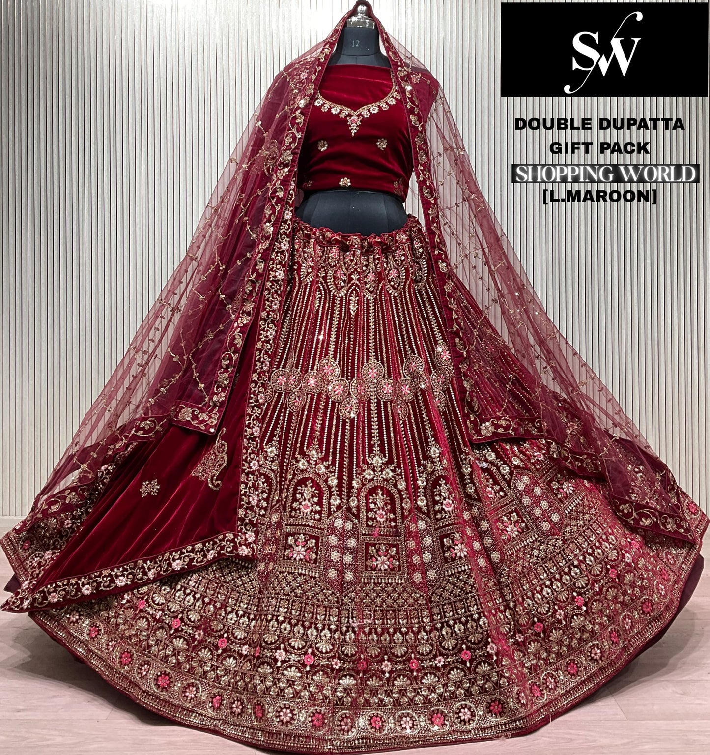 Dark Maroon Double Dupatta Bridal Lehenga