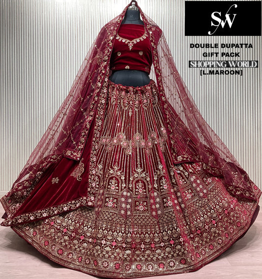 Dark Maroon Double Dupatta Bridal Lehenga