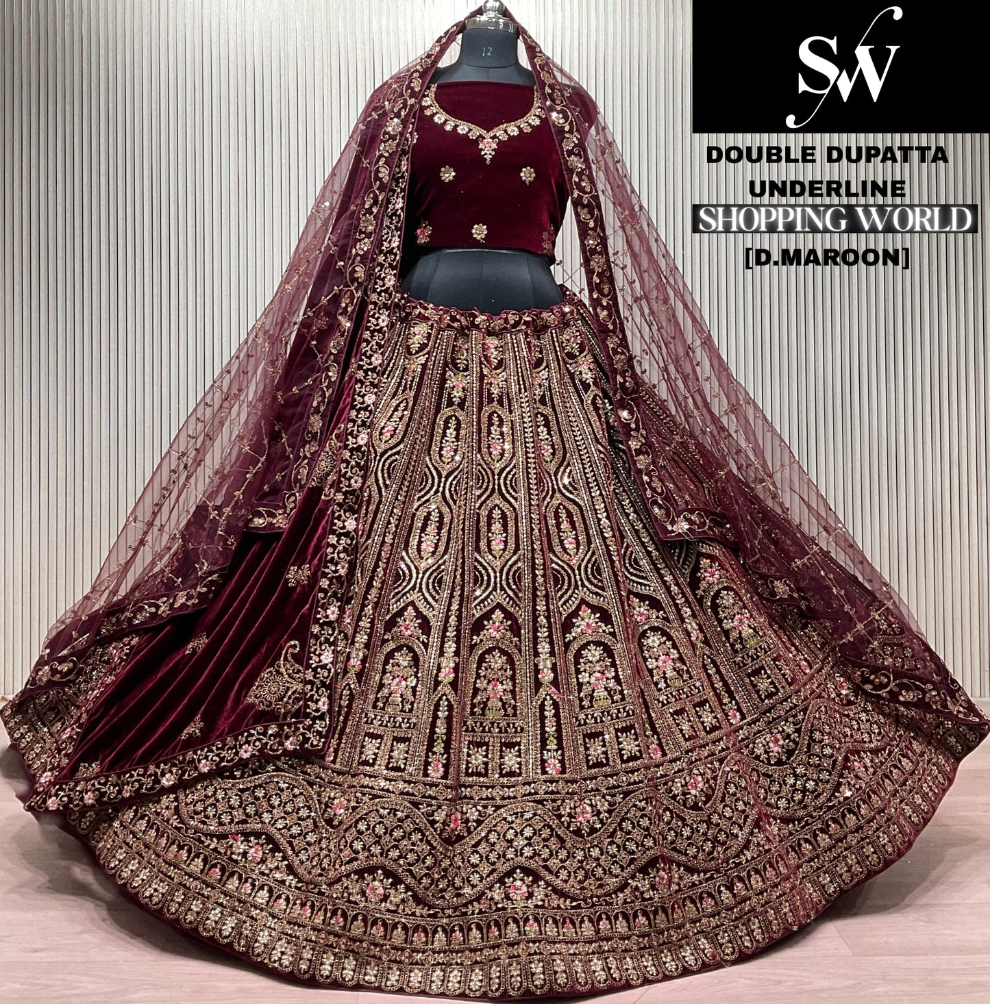 Dark Maroon Double Dupatta Bridal Lehenga