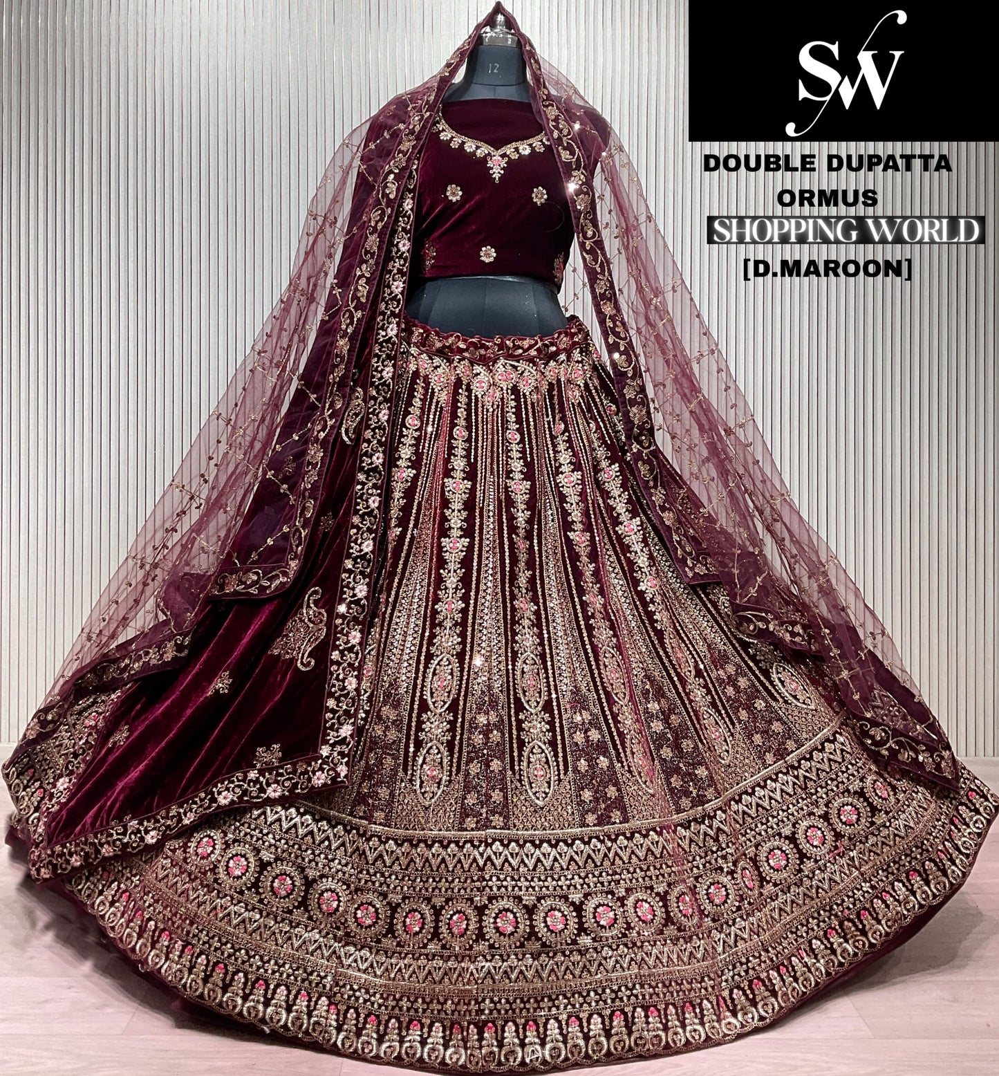 Light Maroon Double Dupatta Bridal Lehenga