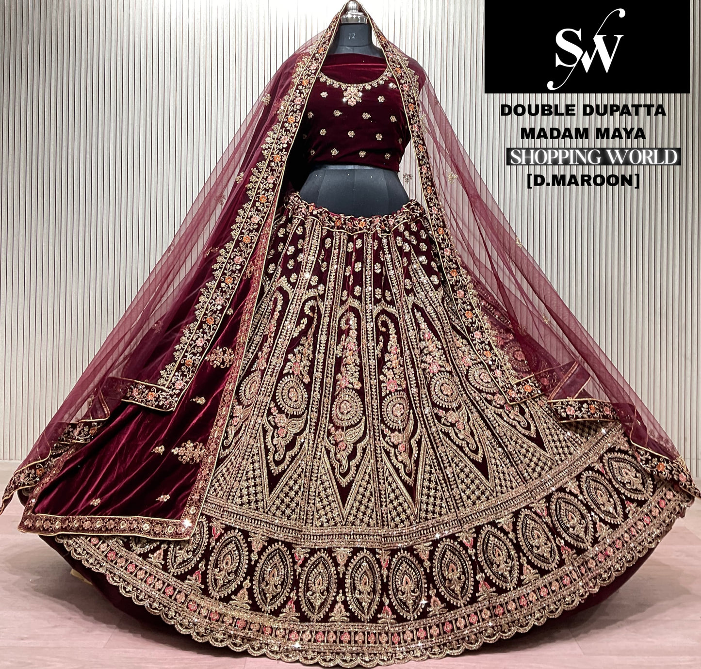 Dark Maroon Double Dupatta Bridal Lehenga