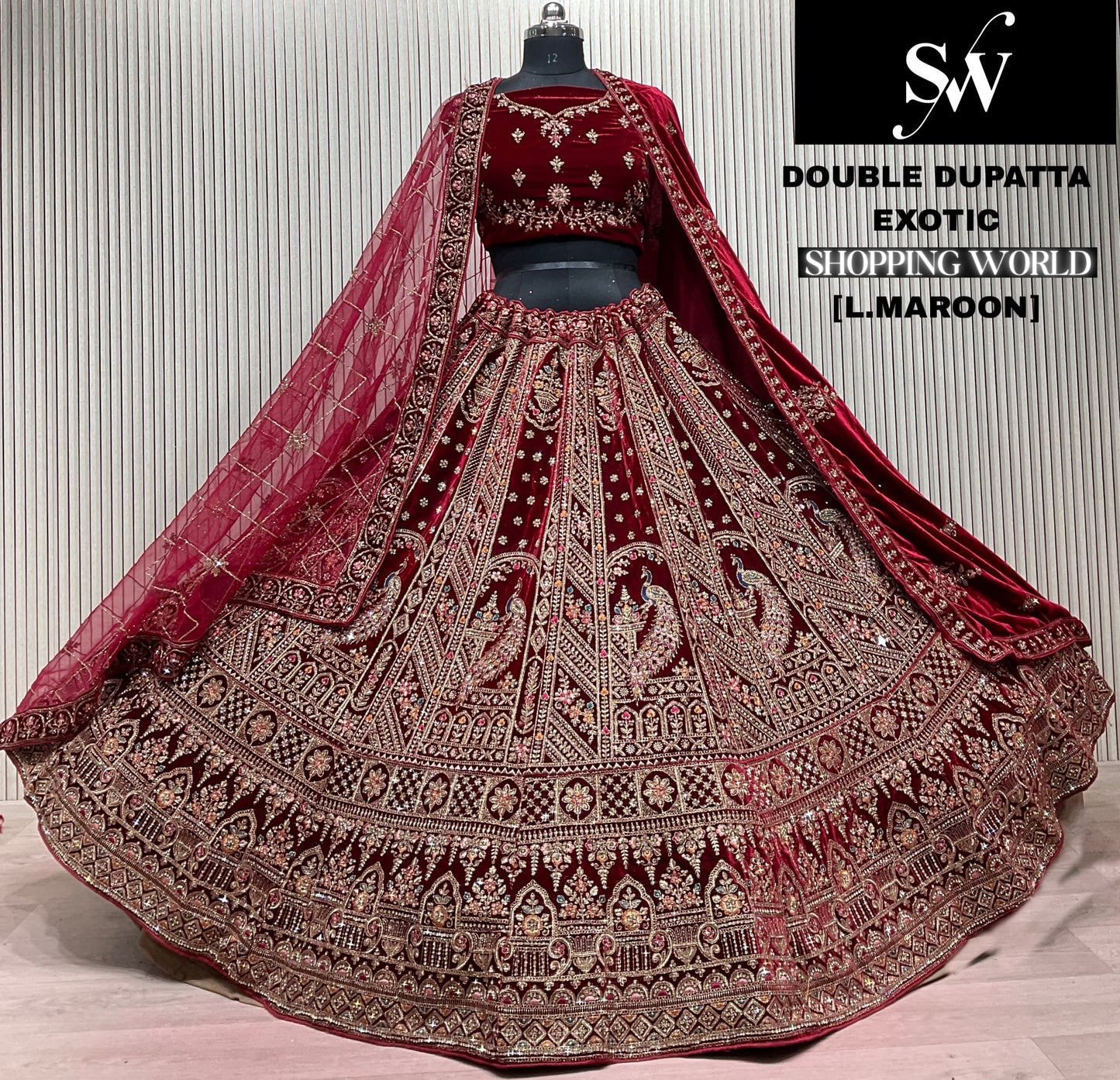Dark Maroon Peacock Double Dupatta Bridal Lehenga