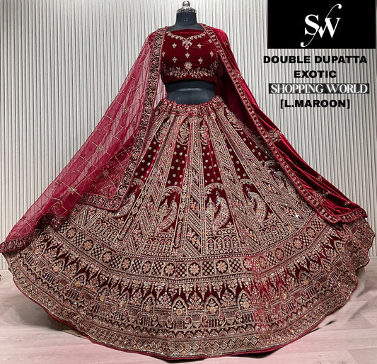 Dark Maroon Peacock Double Dupatta Bridal Lehenga