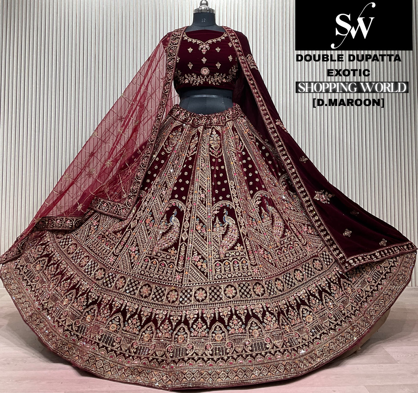 Light Maroon Peacock Double Dupatta Bridal Lehenga