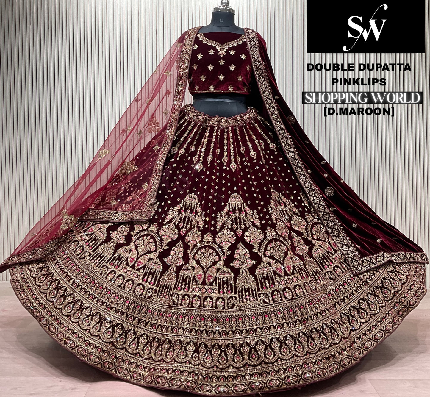 Light Maroon Double Dupatta Bridal Lehenga