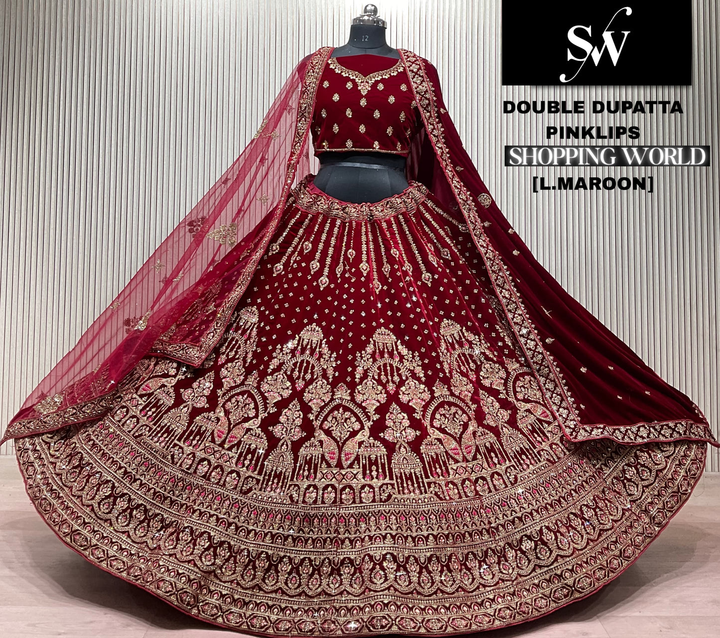 Dark Maroon Double Dupatta Bridal Lehenga