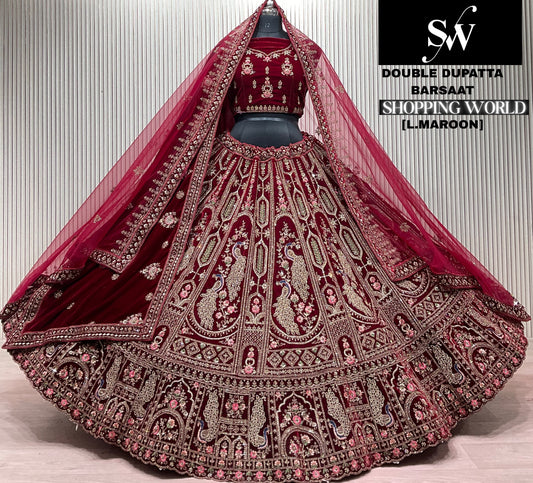 Dark Maroon Peacock Double Dupatta Bridal Lehenga