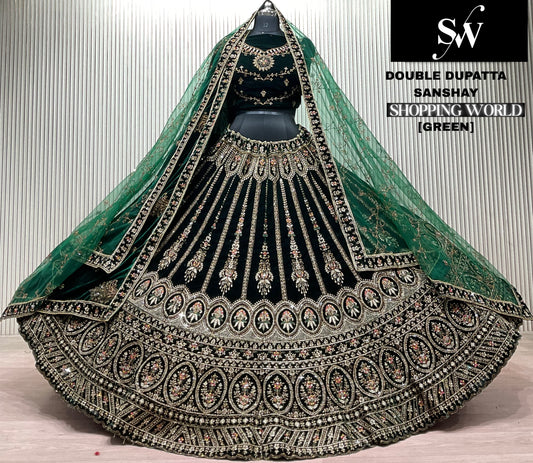 Mehendi Green Double Dupatta Bridal Lehenga