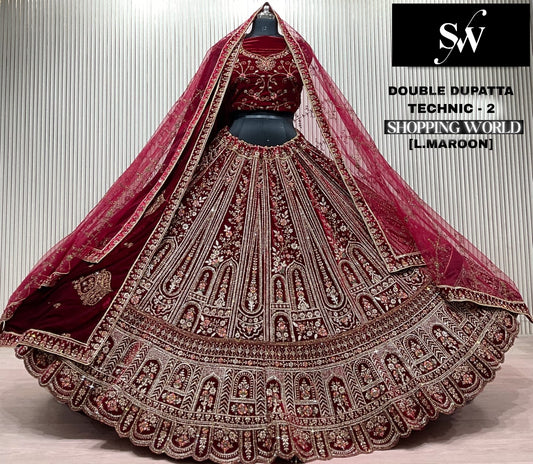 Dark Maroon Double Dupatta Bridal Lehenga