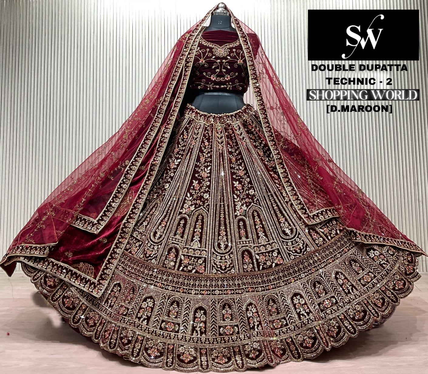 Light Maroon Double Dupatta Bridal Lehenga
