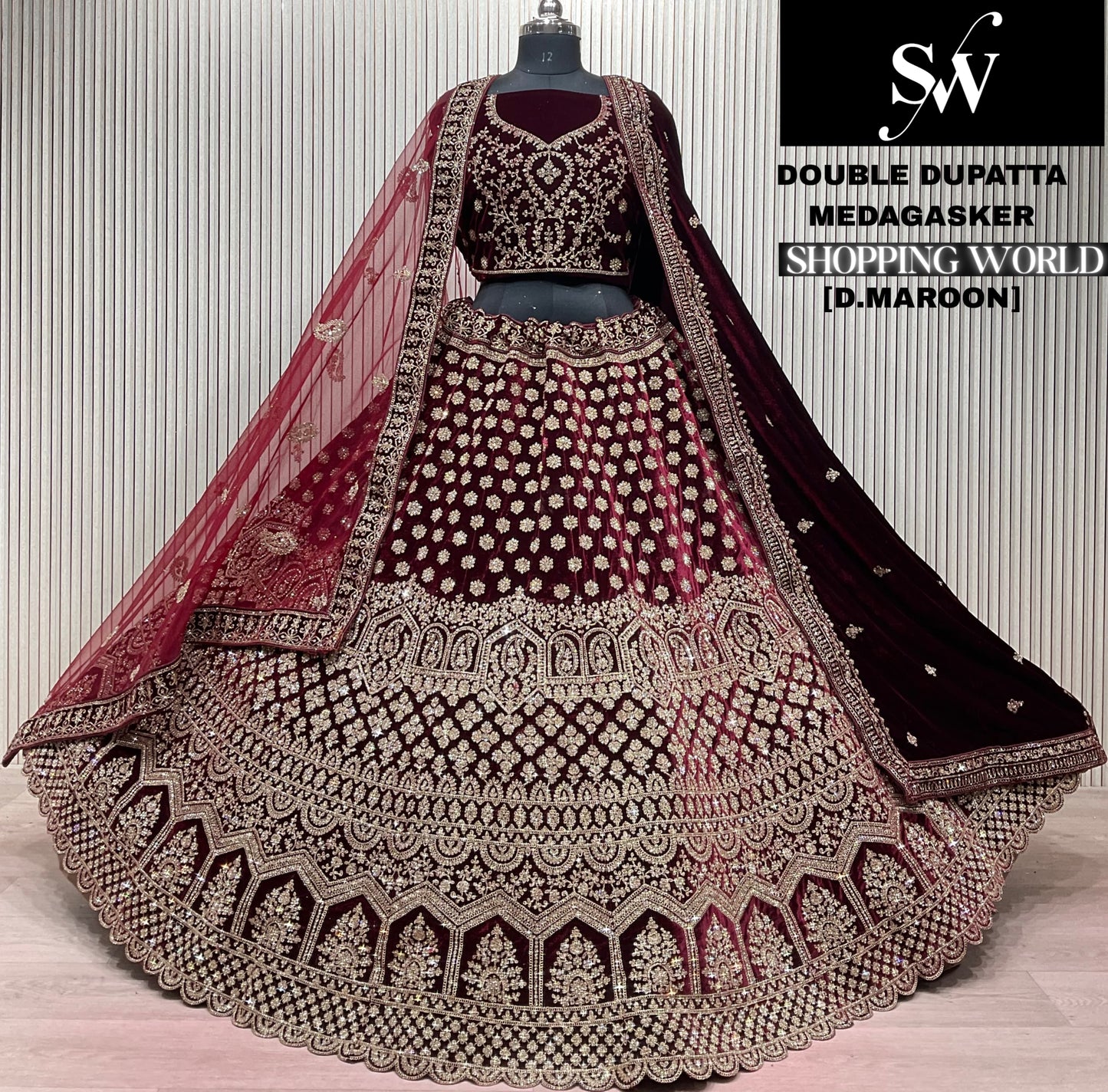 Light Maroon Double Dupatta Bridal Lehenga