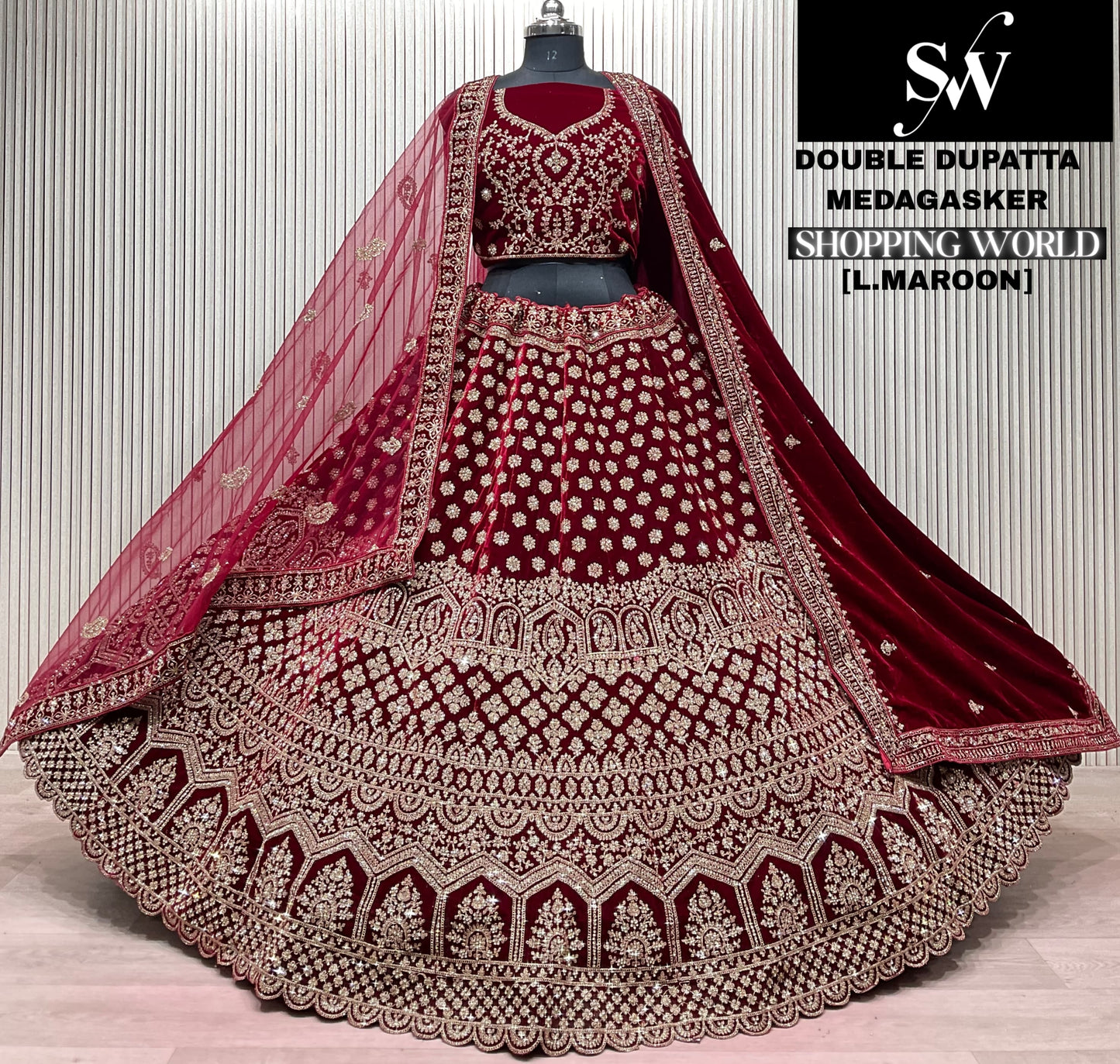 Dark Maroon Double Dupatta Bridal Lehenga