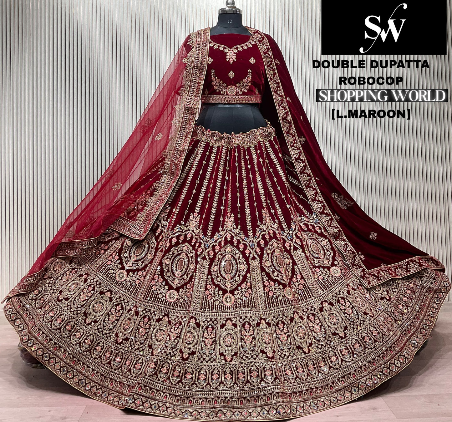 Dark Maroon Double Dupatta Bridal Lehenga