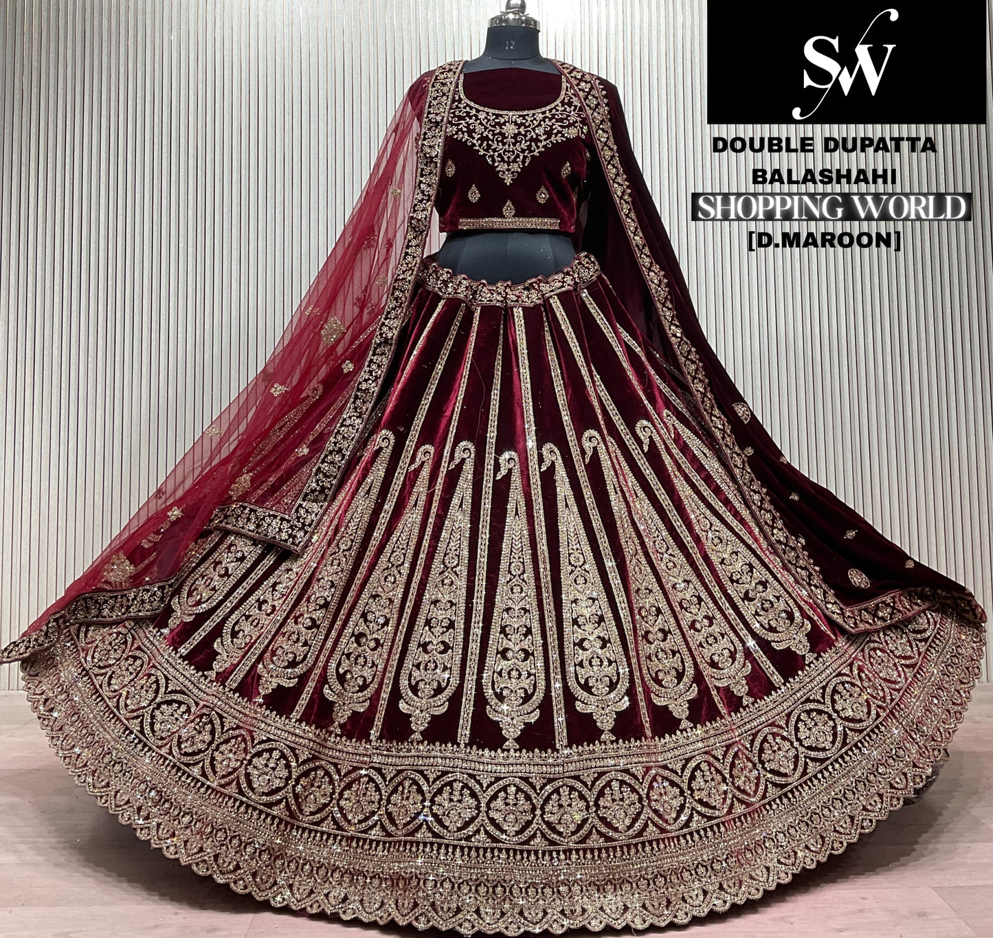 Wine Double Dupatta Bridal Lehenga