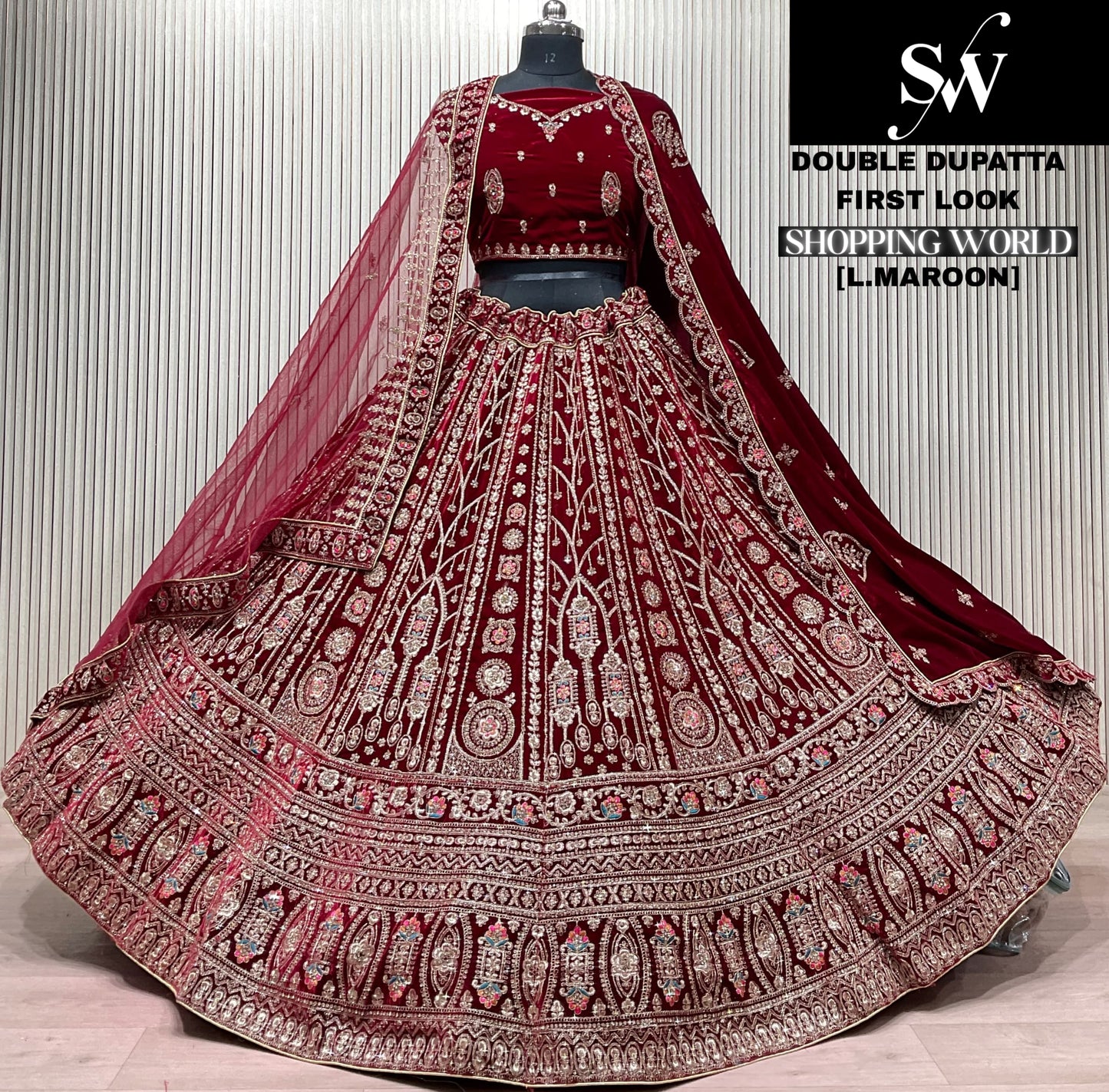 Dark Maroon Double Dupatta Bridal Lehenga