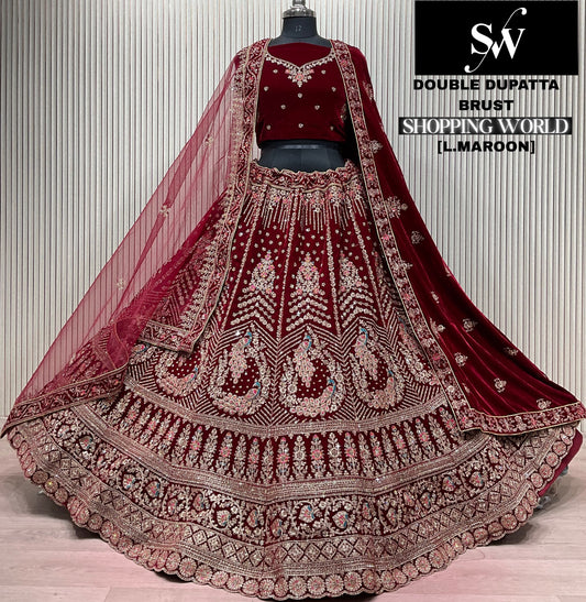 Dark Maroon Double Dupatta Bridal Lehenga