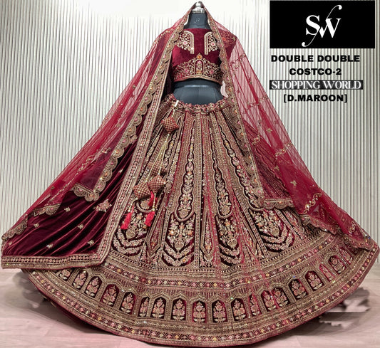 Dark Maroon Double Dupatta Bridal Lehenga