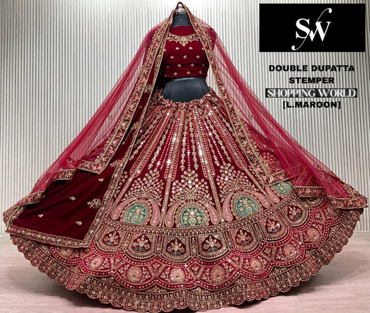 Dark Maroon Double Dupatta Bridal Lehenga