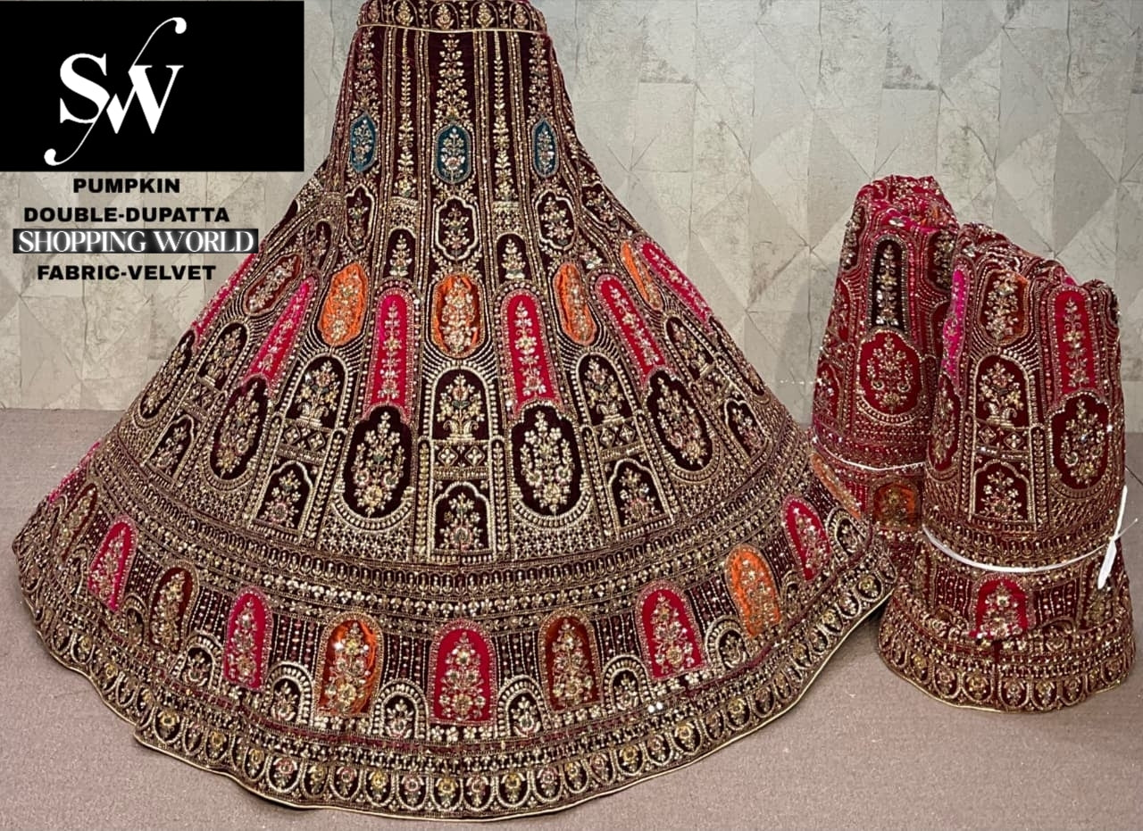 Maroon Velvet Double Dupatta Bridal Lehenga