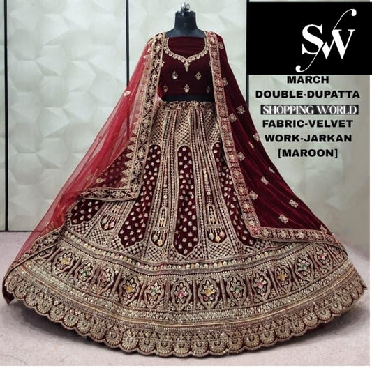 Dark Maroon Double Dupatta Velvet Bridal Lehenga