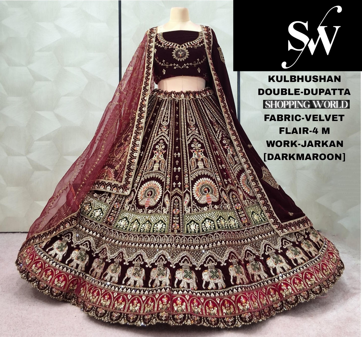 Dark Maroon Peacock Double Dupatta Velvet Bridal Lehenga