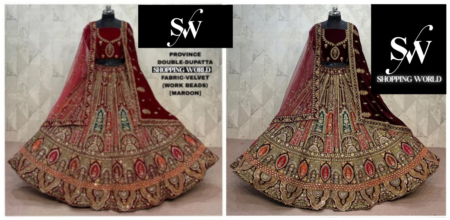 Dark Maroon Maroon Peacock Double Dupatta Velvet Bridal Lehenga