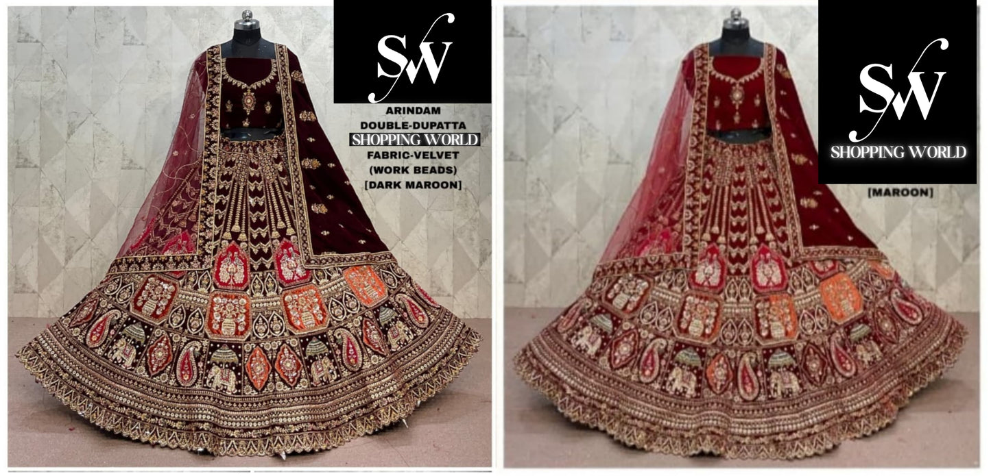 Dark Maroon Maroon Peacock Double Dupatta Velvet Bridal Lehenga