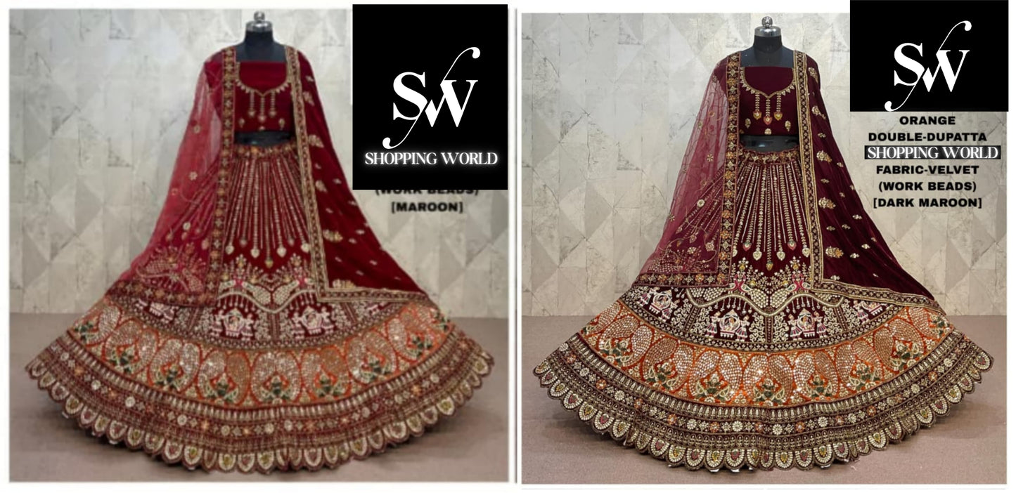 Maroon Dark Maroon Double Dupatta Doli Barat Velvet Bridal Lehenga