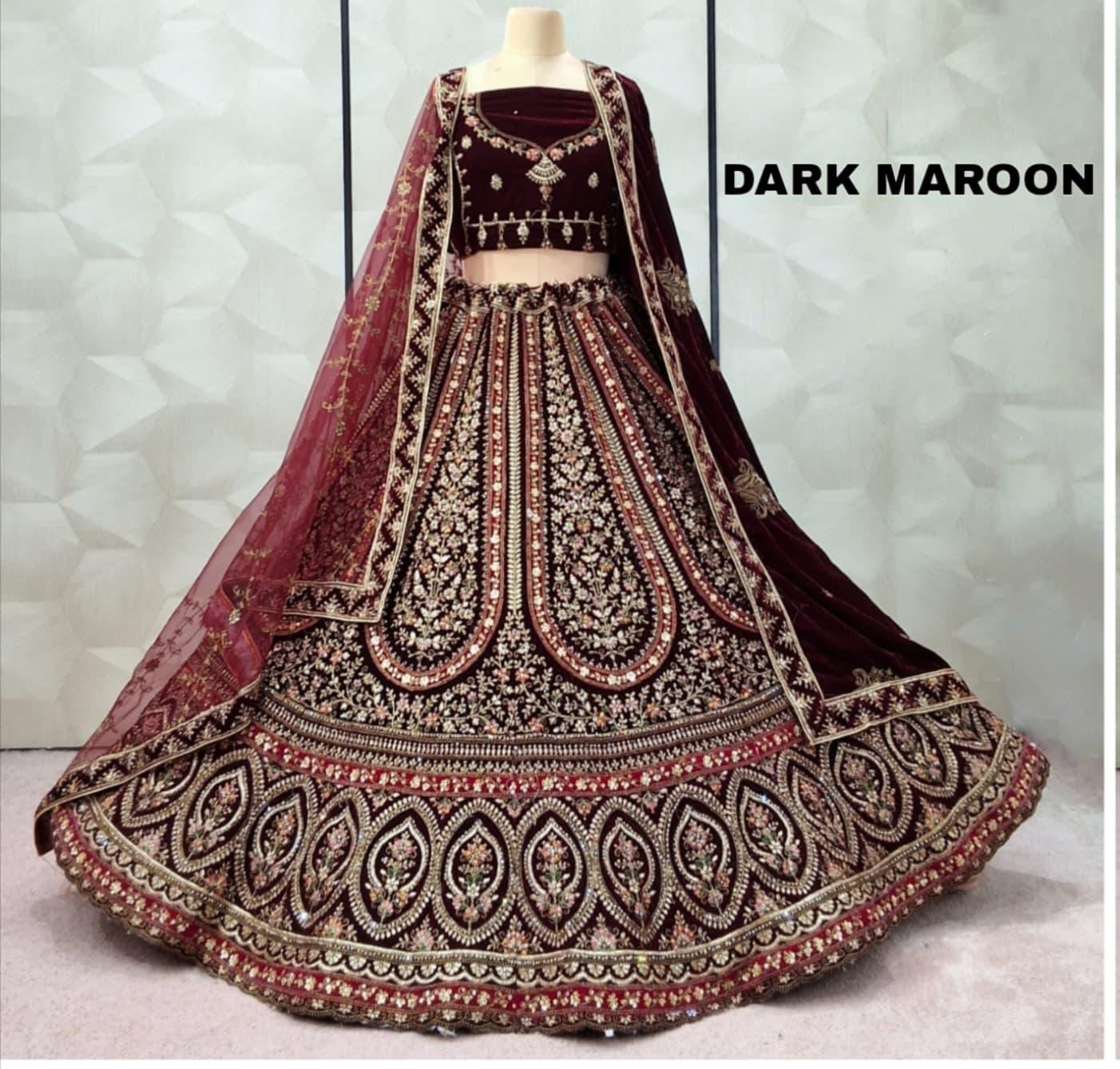 Dark Maroon Double Dupatta Velvet Bridal Lehenga