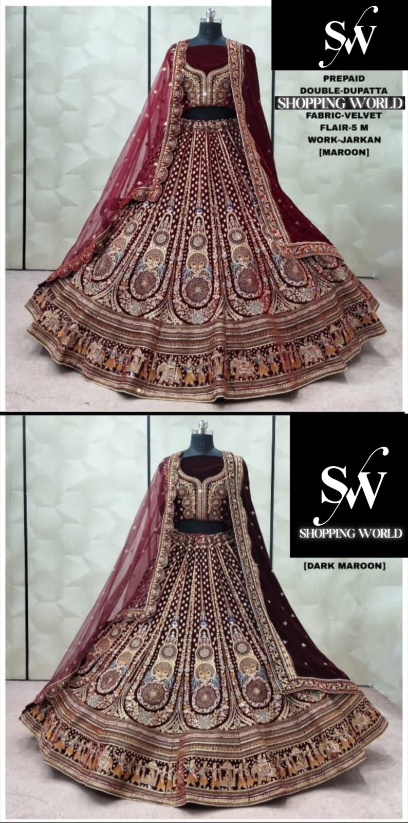 Maroon Dark Maroon Double Dupatta Velvet Bridal Lehenga