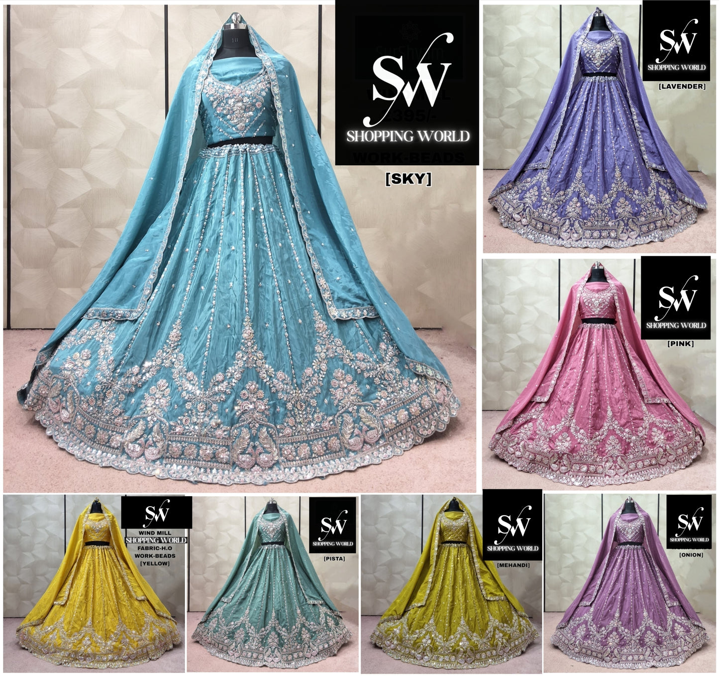 Sky Blue Lavender Pink Pista green Yellow haldi Mehendi Green Onion pink Lehenga