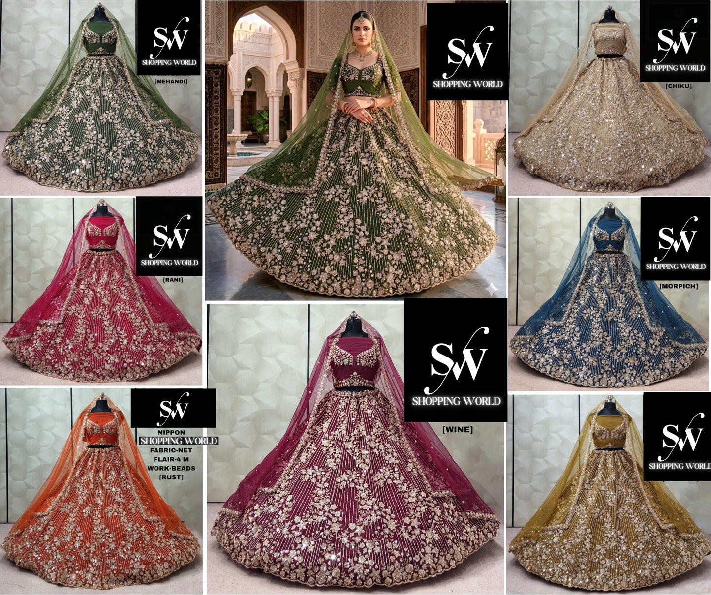 Rani pink Wine Rust Orange morpich Blue Mehendi Green Chiku Golden Mustard Lehenga