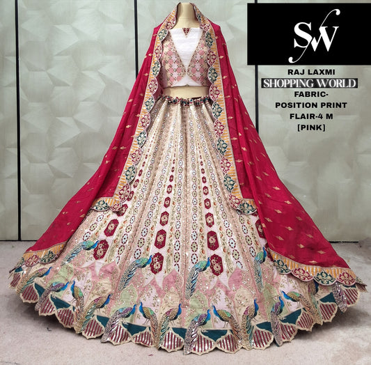 Pink position print Peacock Crop Top Lehenga