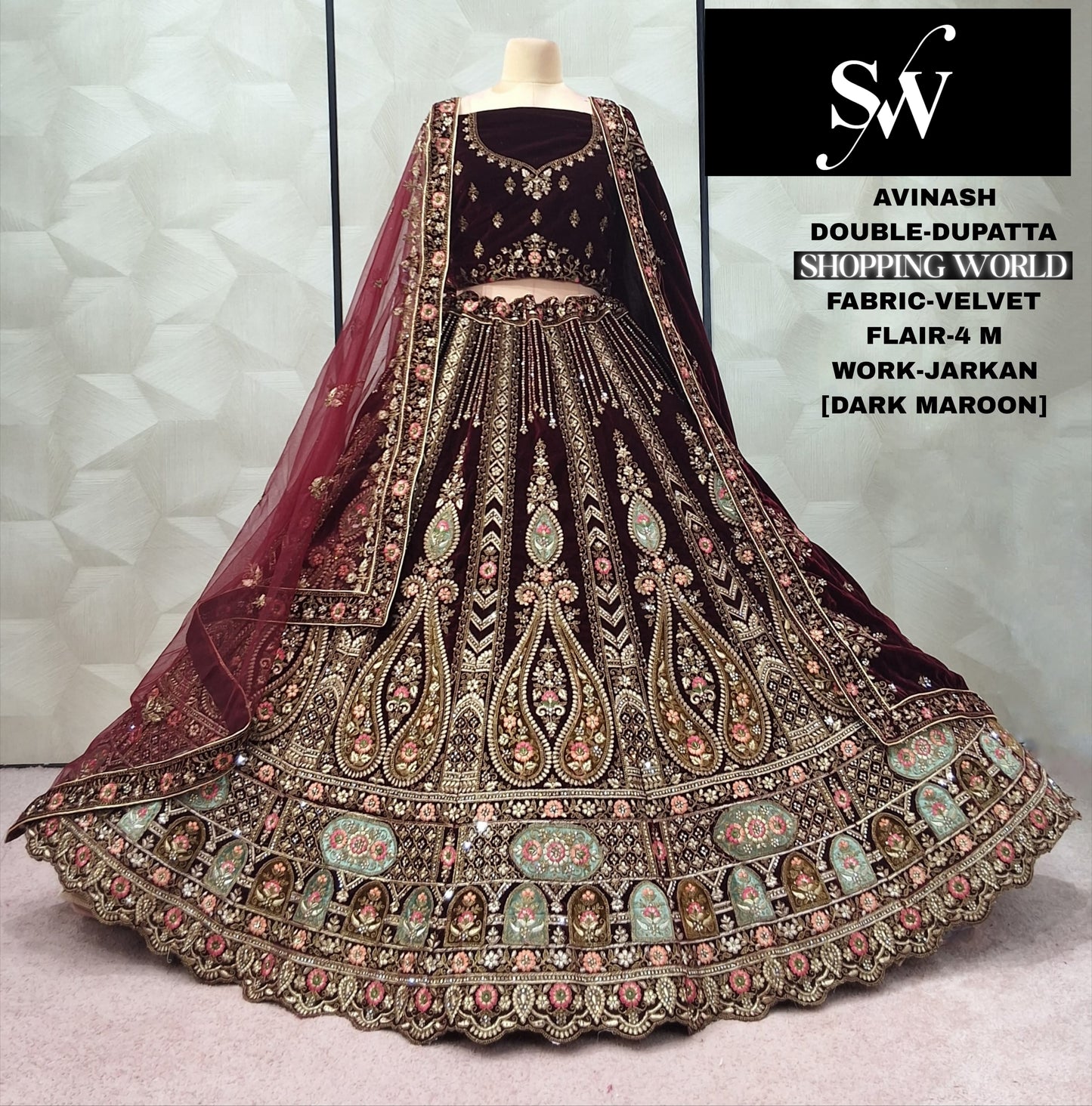 Dark Maroon Peacock Velvet Bridal Lehenga