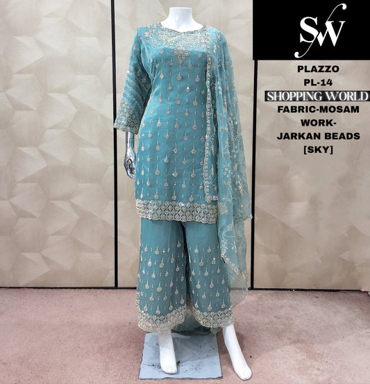 लैवेंडर स्काई ब्लू मॉसम प्लाजो सूट