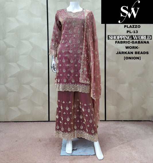 प्याज गुलाबी गबाना प्लाज़ो सूट