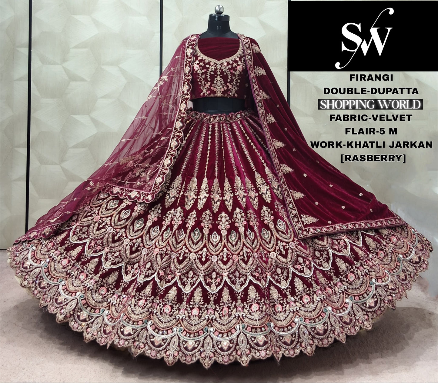 Rani pink Velvet Double Dupatta Rajwadi Bridal Lehenga