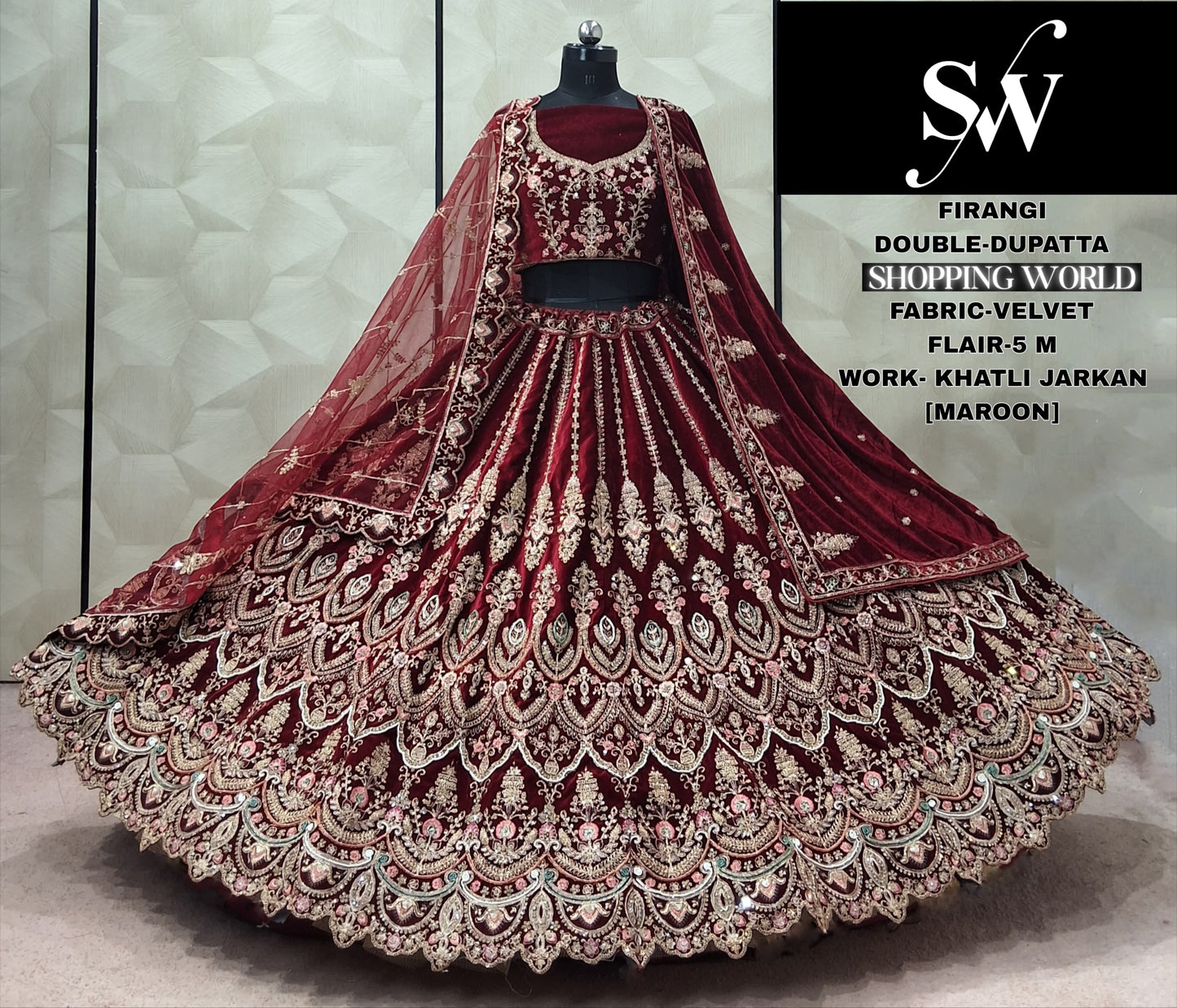 Pink Red Raspberry Velvet Double Dupatta Bridal Lehenga