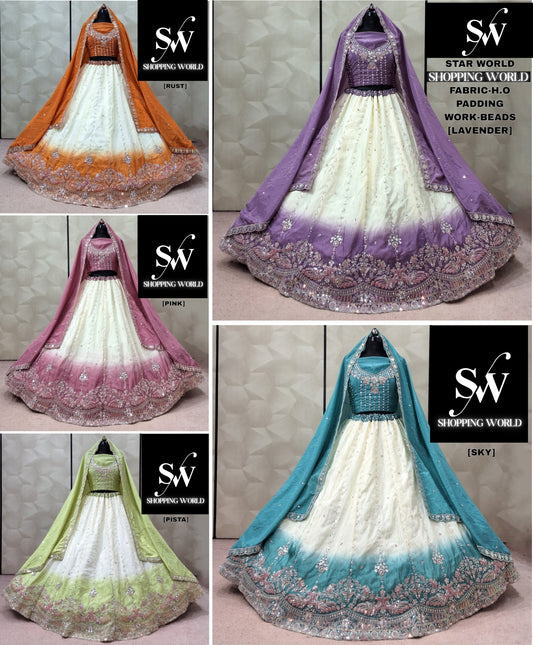 Rust orange Lavender Pista green pink Sky Blue H O Lehenga
