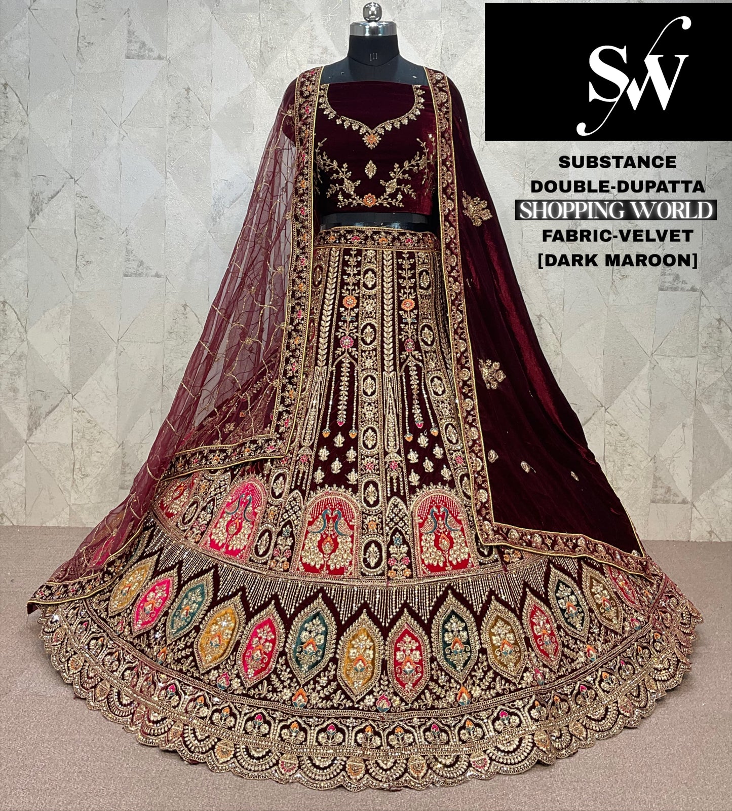 Dark Maroon Velvet Double Dupatta Bridal Lehenga