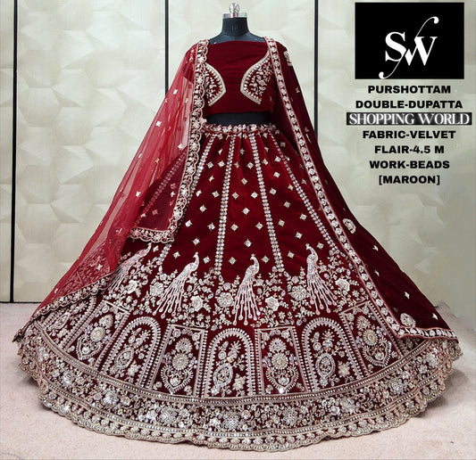 Dark Maroon peacock Velvet Double Dupatta Bridal Lehenga