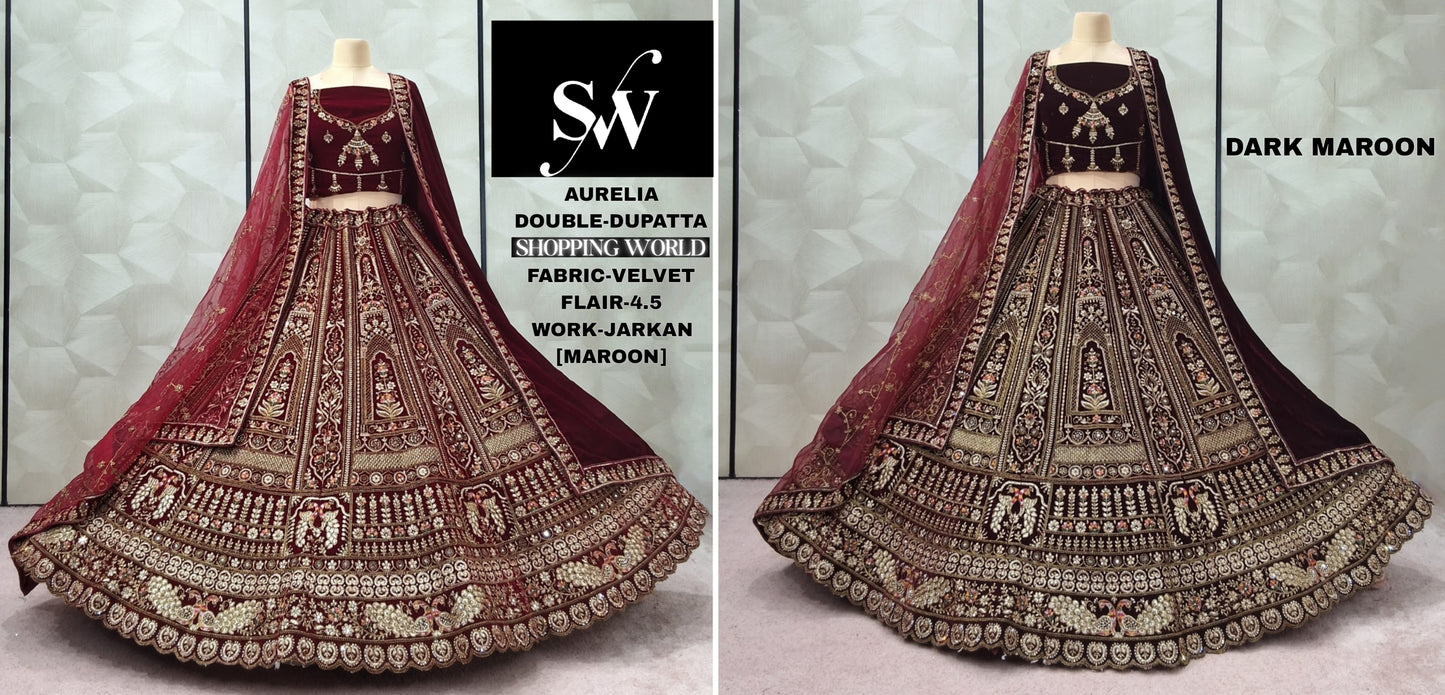 Dark Maroon maroon Velvet Double Dupatta Bridal Lehenga