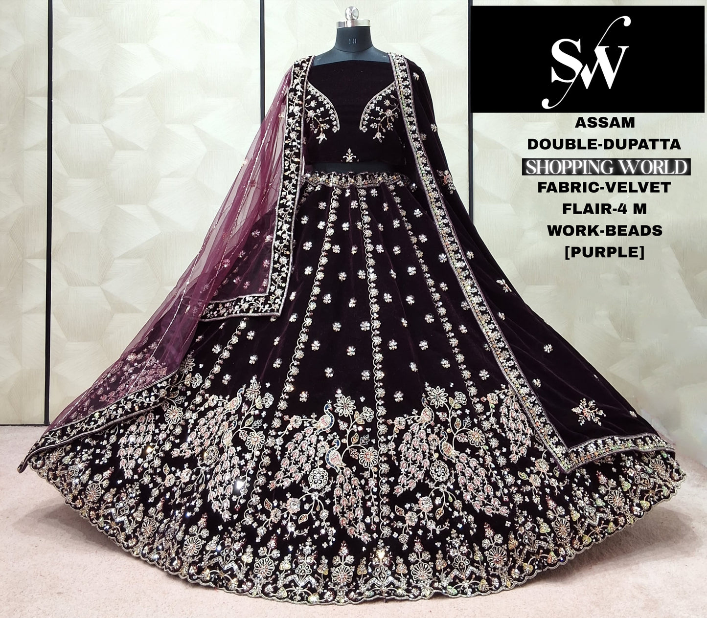 Rani pink peacock Velvet Double Dupatta Bridal Lehenga