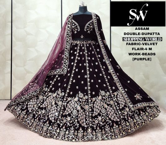 रानी गुलाबी मोर मखमल डबल दुपट्टा ब्राइडल लहंगा