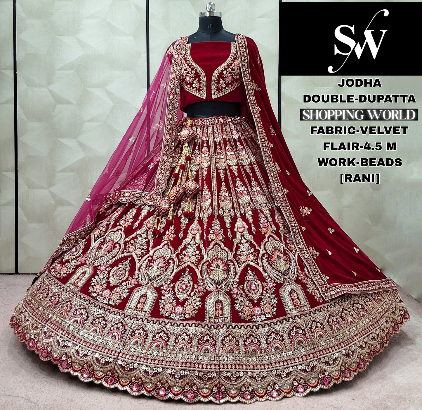 Dark Maroon Velvet Double Dupatta Bridal Lehenga