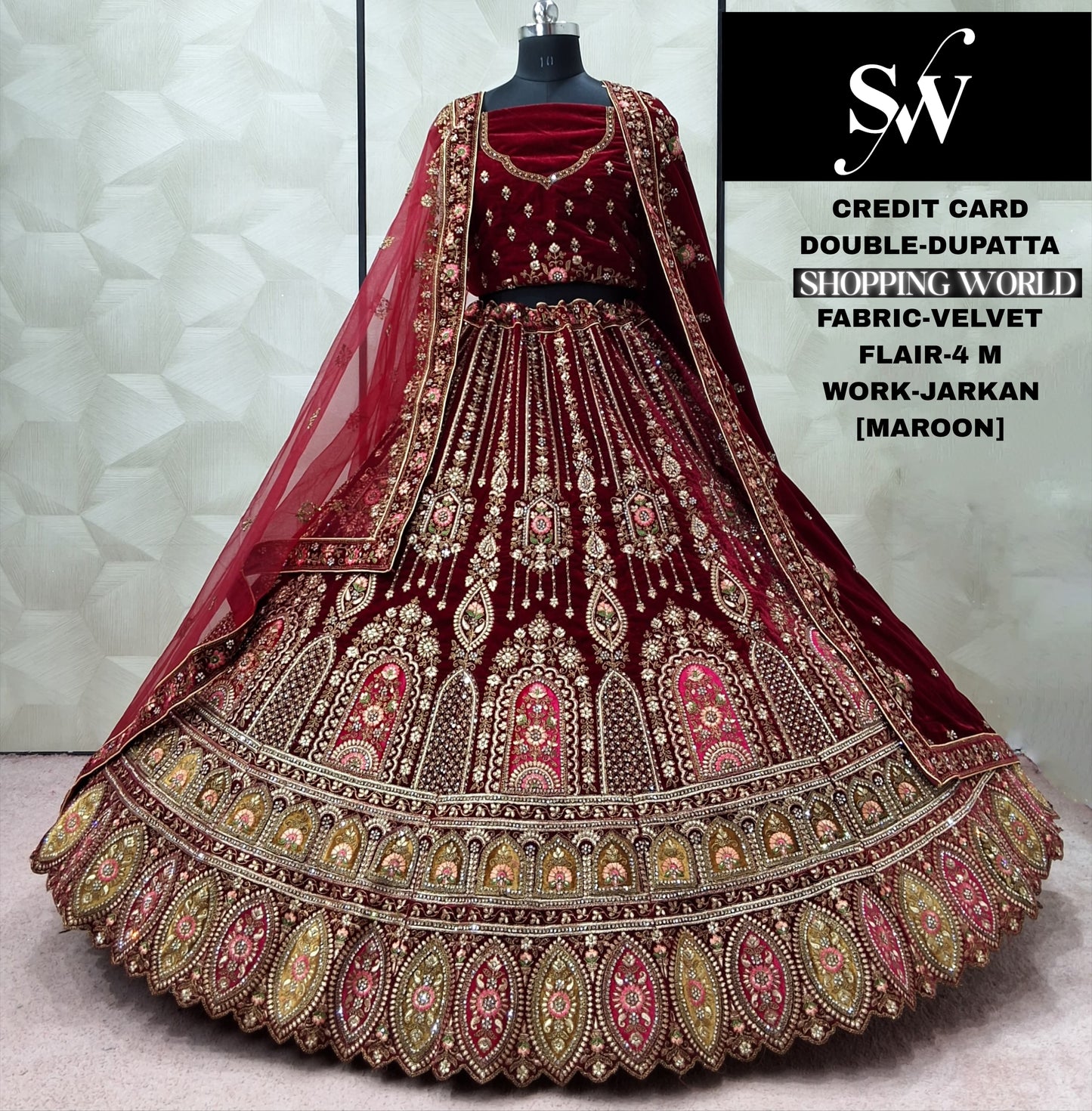 Maroon Velvet Double Dupatta Bridal Lehenga
