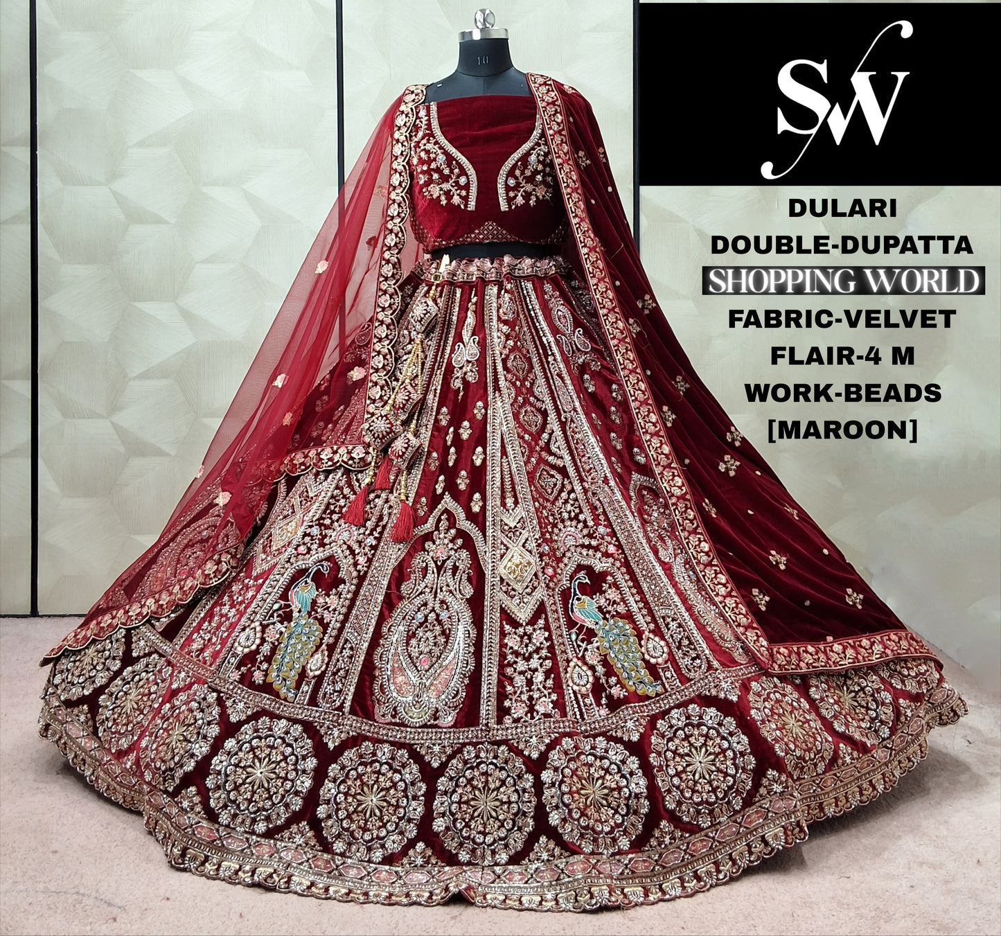 Maroon Peacock Velvet Double Dupatta Bridal Lehenga