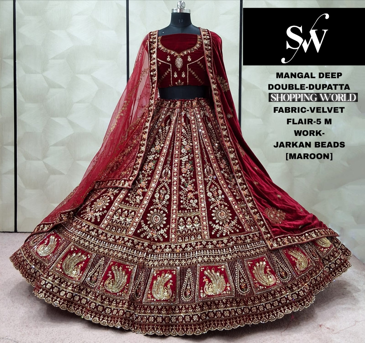 Maroon Velvet Double Dupatta Bridal Lehenga